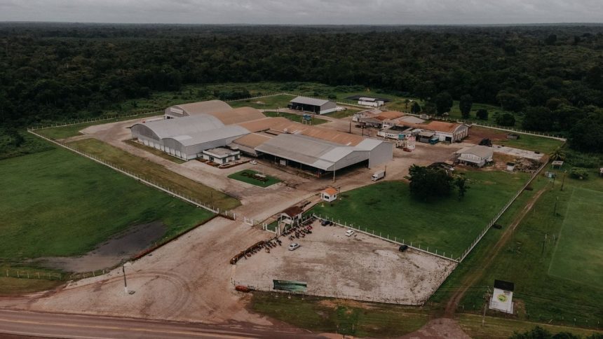 Vista aérea de uma planta industrial com galpões e áreas verdes ao redor